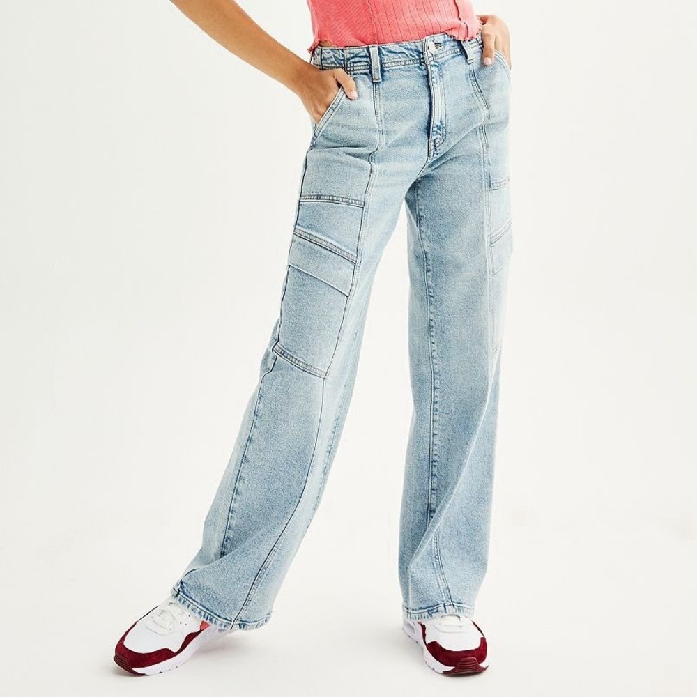 NWT SO Low Rise Carpenter Utility Jeans Size 15 Light Wash Wide Leg Y2K Style‎